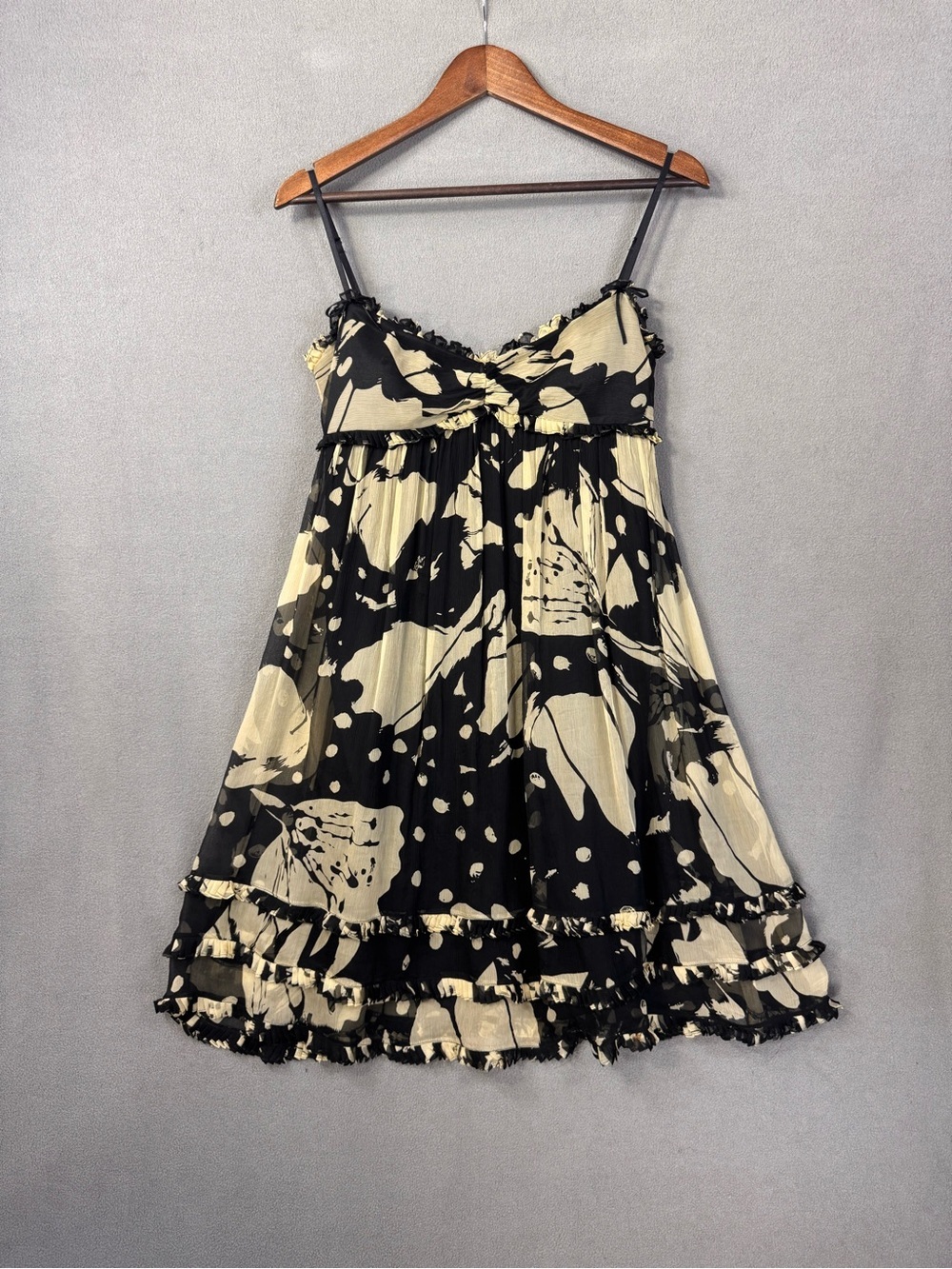 Vintage 90’s Studio M Black and Cream Floral Babydoll 100% Silk Chiffon Dress, S